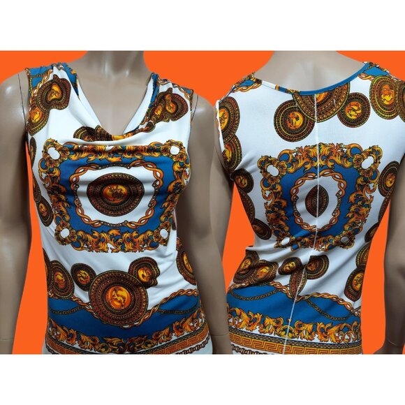 Y2K Baroque print Sleeveless Top Cowl Neck Stretch chain Print Top Size XS S - Picture 8 of 8